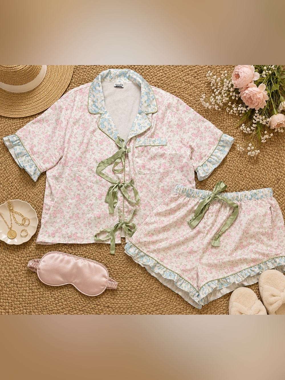 Arula Pink Floral Pajama Set Women’s Lounge Sleepwear Green Ribbon Tie Shorts